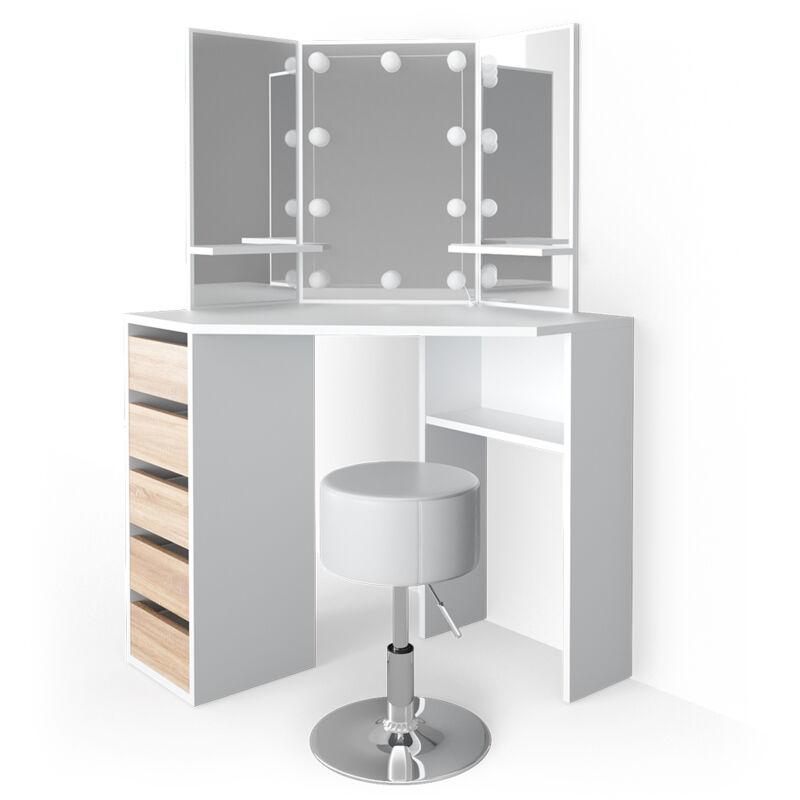 foto del prodotto tavolo da trucco ad angolo arielle, bianco sonoma, 110 cm con illuminazione led e sgabello, vicco
