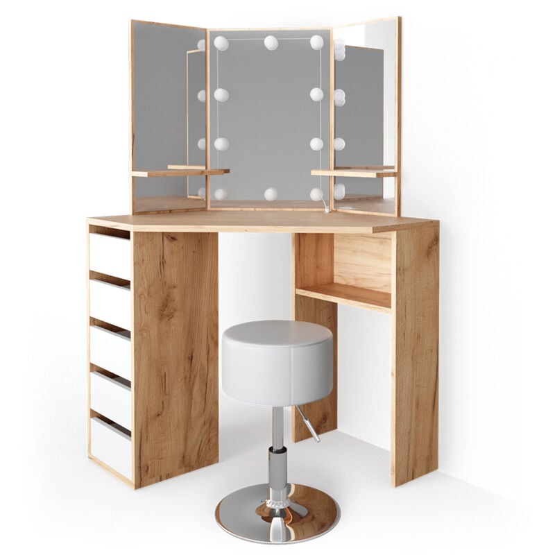 foto del prodotto tavolo da trucco ad angolo arielle, quercia dorata, 110 cm con illuminazione led e sgabello vicco