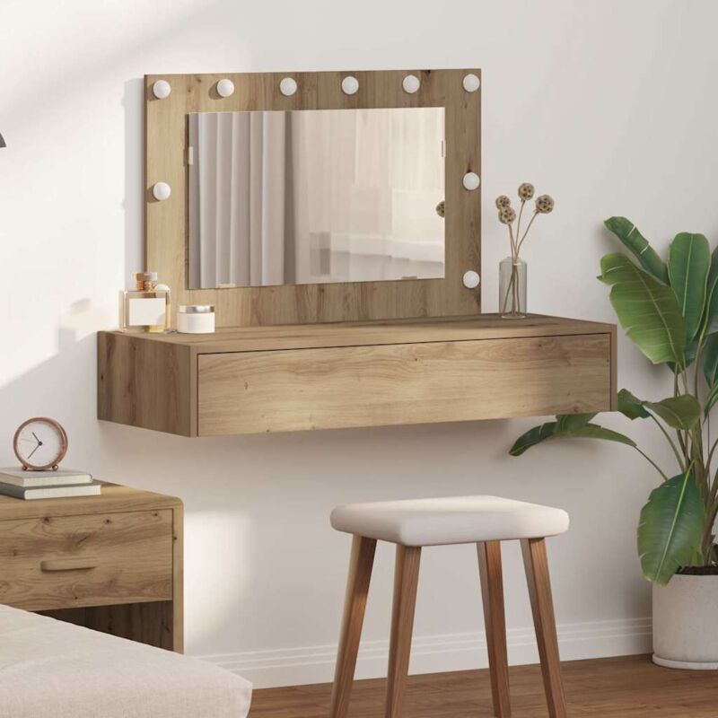 foto del prodotto tavolo da trucco appeso con luci led in rovere artigianale vidaxl