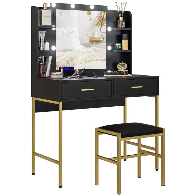 foto del prodotto tavolo da trucco con 2 cassetti. 6 ripiani. specchio e sgabello. in legno e acciaio. 90x45x132.5 cm. nero
