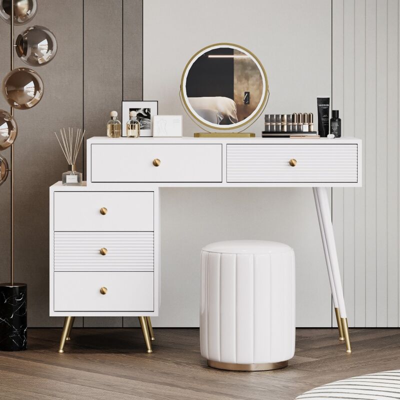 foto del prodotto tavolo da trucco con illuminazione a led e specchio, con 5 cassetti, mobile laterale regolabile. dimensioni b100 h78 t40 cm senza sgabello 