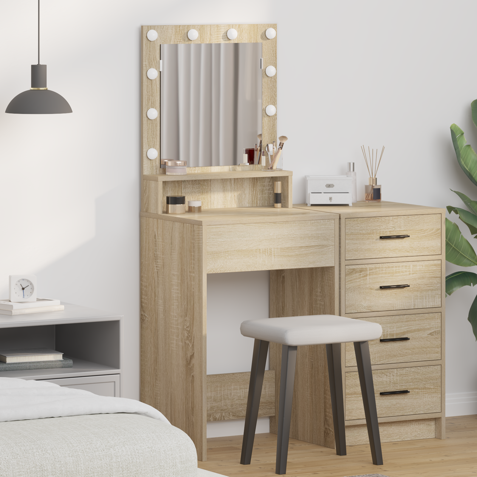 foto del prodotto tavolo da trucco con luci led in rovere sonoma, 50x41x135 cm