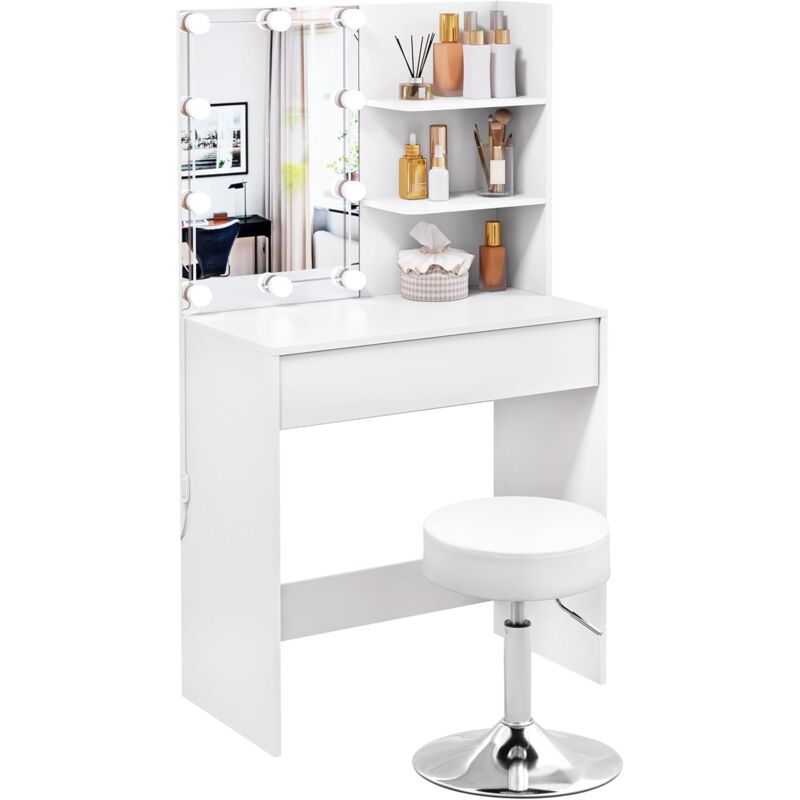 foto del prodotto tavolo da trucco con sgabello con luci a led, postazione trucco con specchiera, set di toeletta trucchi per camera da letto, bianco woltu