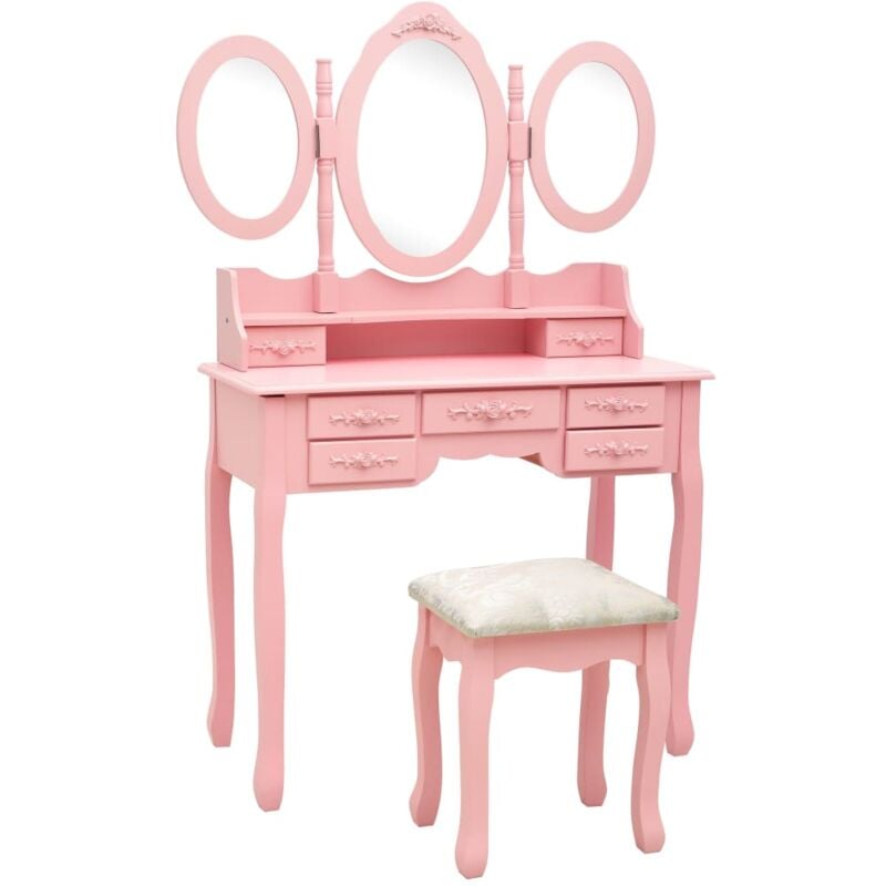 foto del prodotto tavolo da trucco con sgabello e specchio pieghevole in 3 vari colori colore rosa