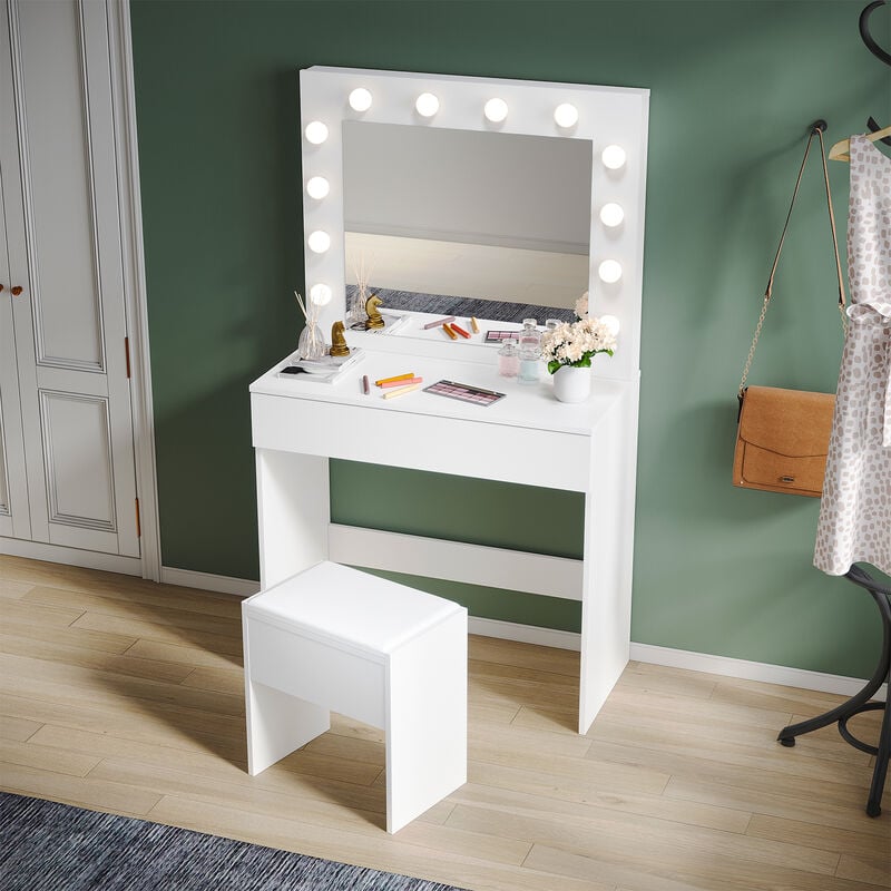 foto del prodotto tavolo da trucco con sgabello imbottito toeletta con 12 luci dimmerabili 3 modalit di illuminazione con 1 cassetto e sgabello tavolo da trucco stile