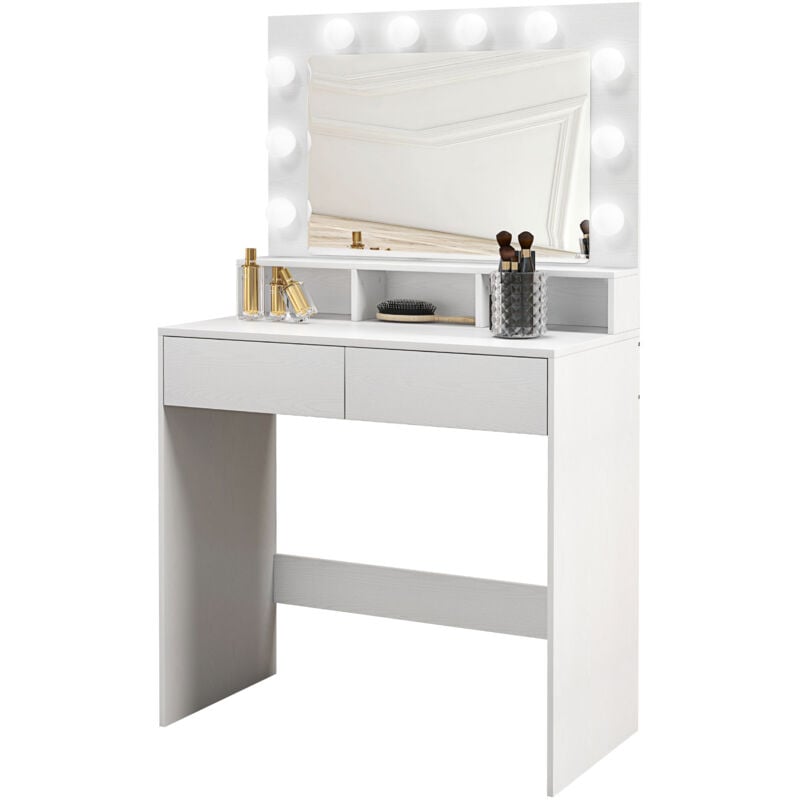 foto del prodotto tavolo da trucco con specchio e luci, 2 cassetti e 3 scomparti bianco homcom