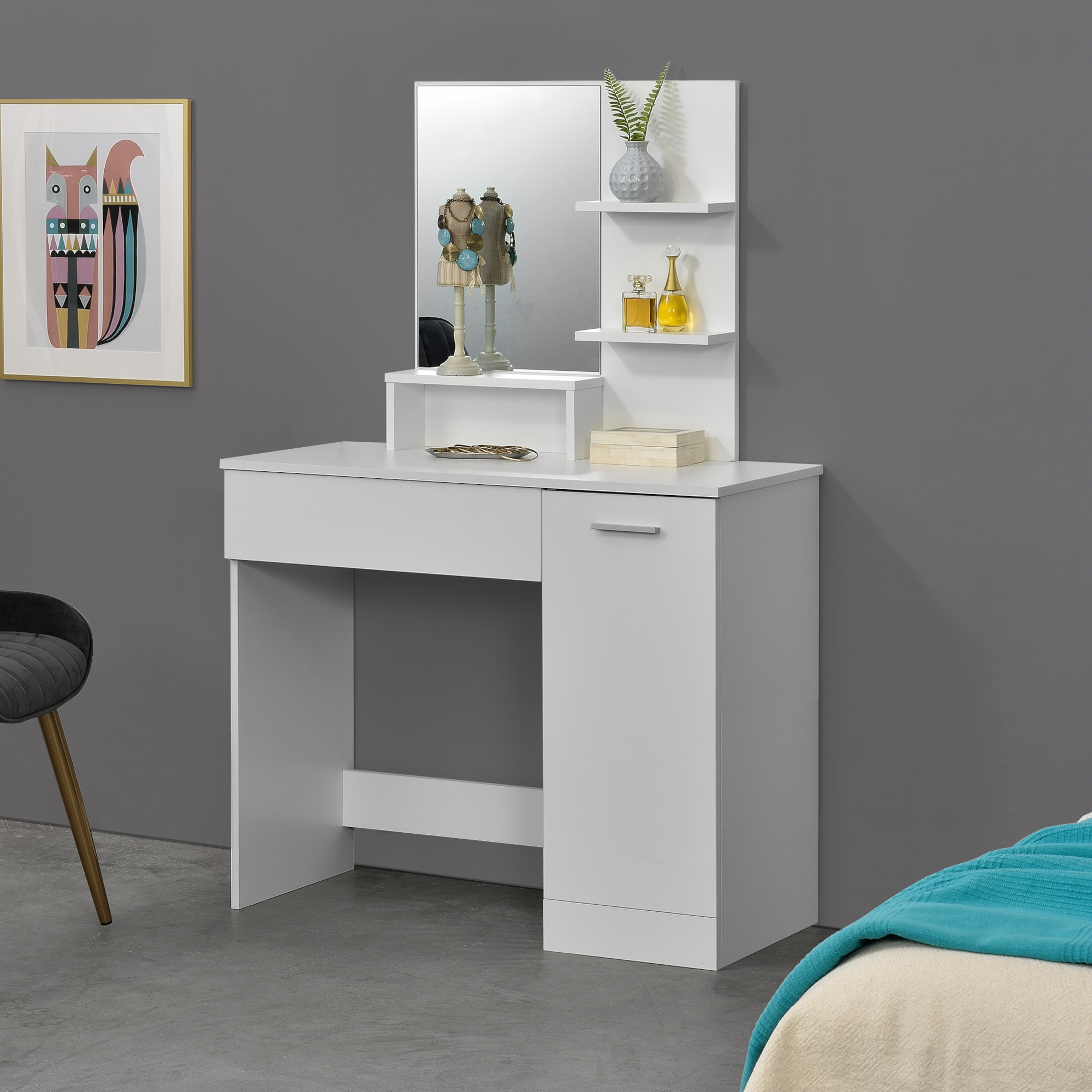 foto del prodotto tavolo da trucco con specchio e scomparti diversi 137,5 x 90 x 38 cm tavolo da toeletta con ripiani e armadietto tavolo cosmetico bianco