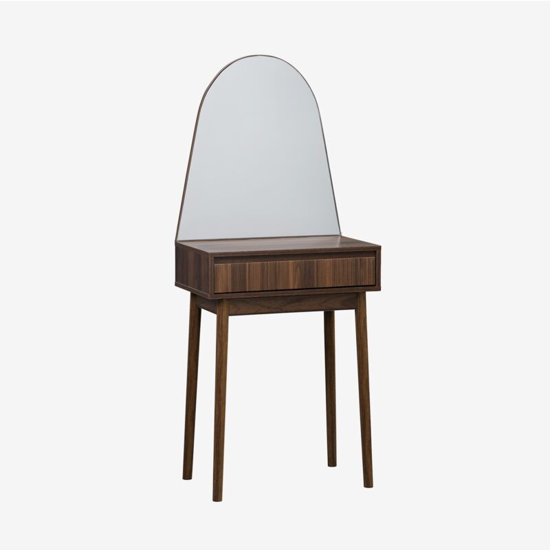 foto del prodotto tavolo da trucco decorato in legno, specchio rotondo e 1 cassetto, 60cm