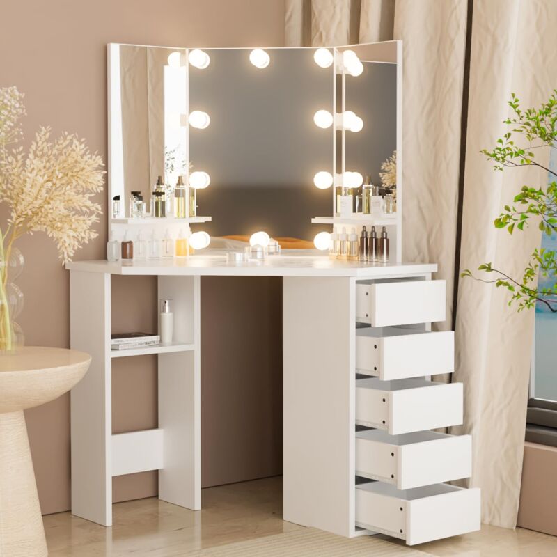 foto del prodotto tavolo da trucco illuminazione led, con 5 cassetti portaoggetti, toeletta con 10 luci dimmerabili, 2 portaoggetti piccoli, postazione trucco, idea