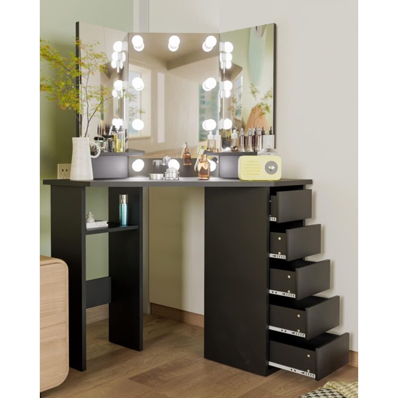 foto del prodotto tavolo da trucco illuminazione led, con 5 cassetti portaoggetti, toeletta con 10 luci dimmerabili, 2 portaoggetti piccoli, postazione trucco, idea