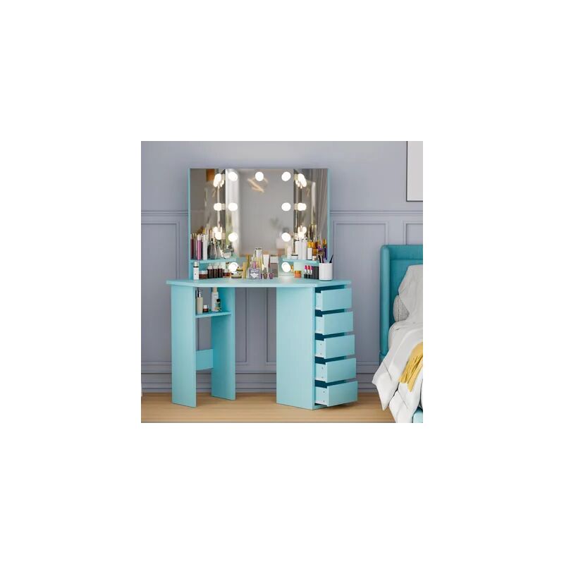 foto del prodotto tavolo da trucco illuminazione led, con 5 cassetti portaoggetti, toeletta con 10 luci dimmerabili, 2 portaoggetti piccoli, postazione trucco, idea