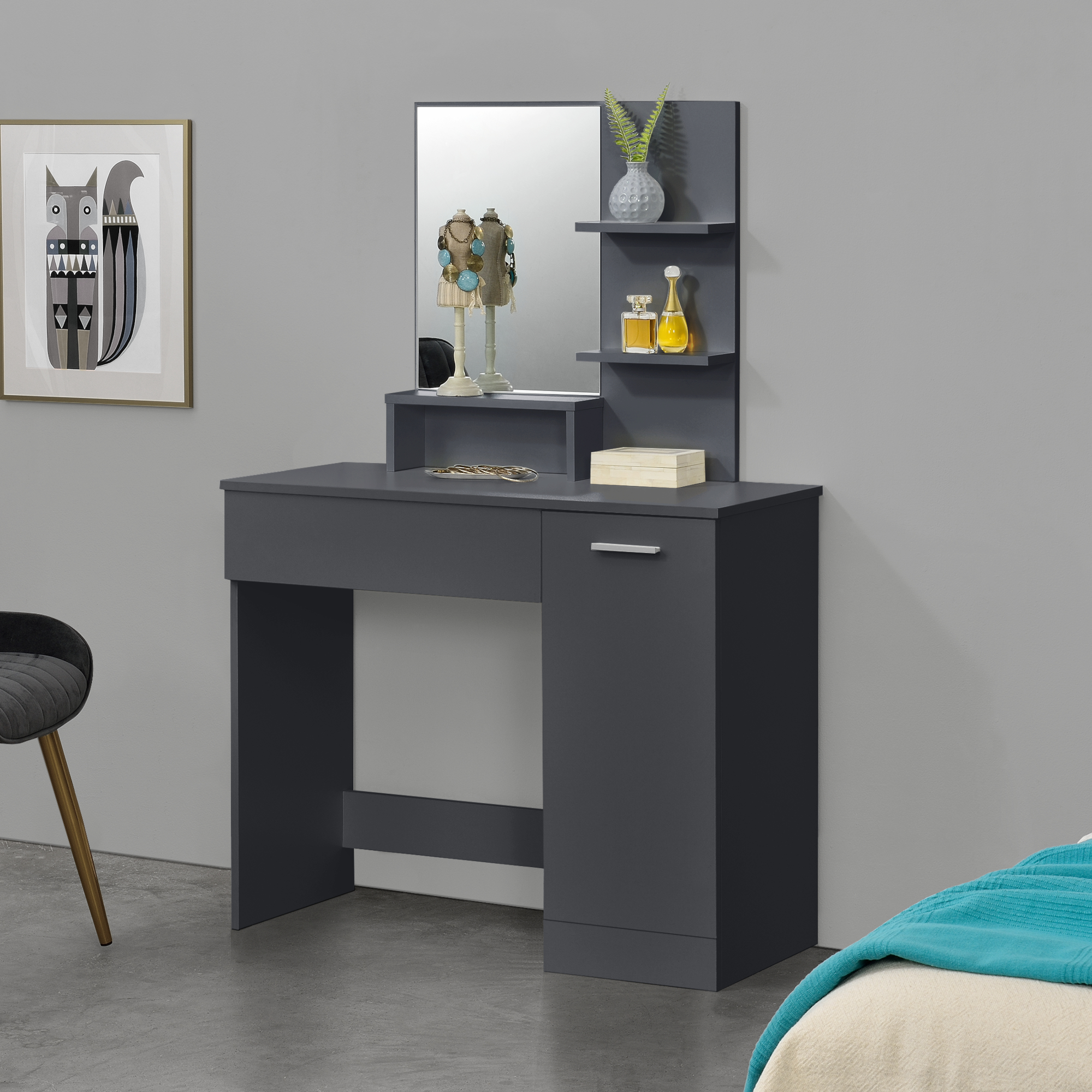foto del prodotto tavolo da trucco krugersdorp toeletta con specchio cassetto ripiani e armadietto - grigio scuro [en.casa]