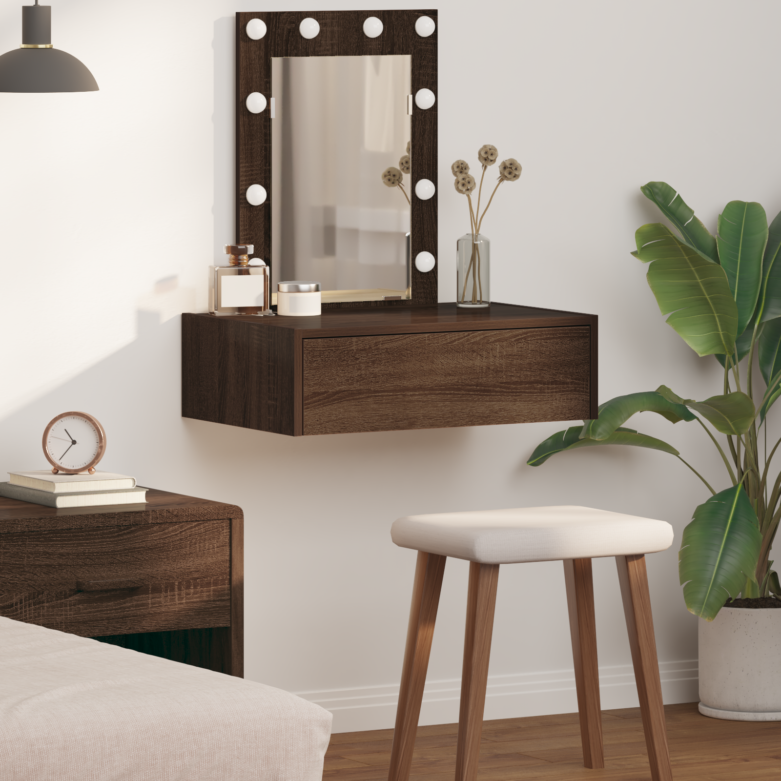 foto del prodotto tavolo da trucco sospeso con luci led in rovere marrone