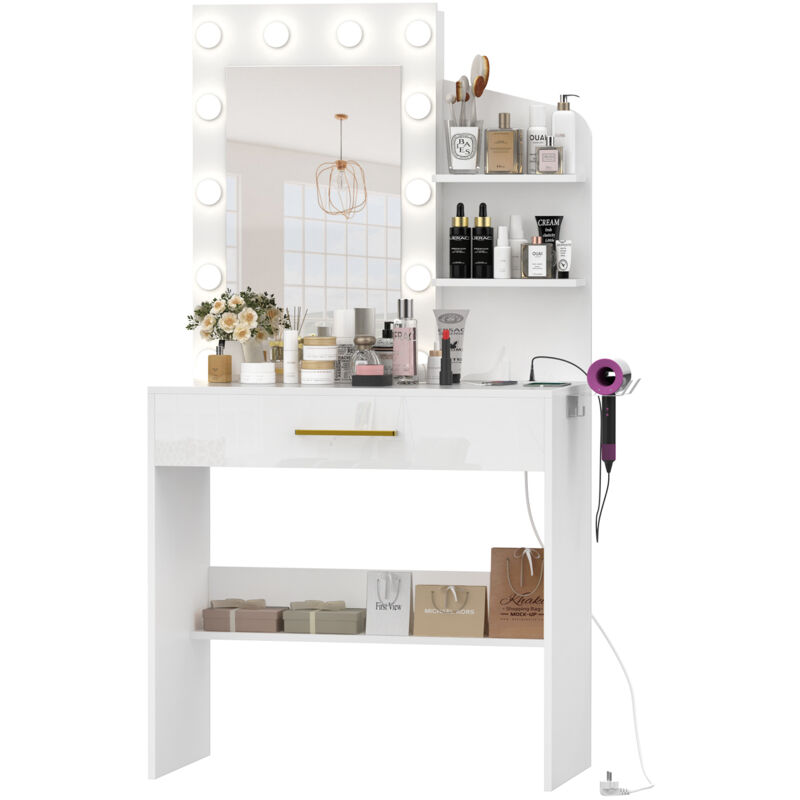 foto del prodotto tavolo da trucco, tavolo da toeletta con specchio e lampadine led hollywood, tavolo per cosmetici, 80x40x145,5 cm, bianco haloyo