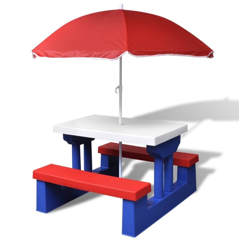 foto del prodotto tavolo e panchine picnic per bambini con parasole multicolore