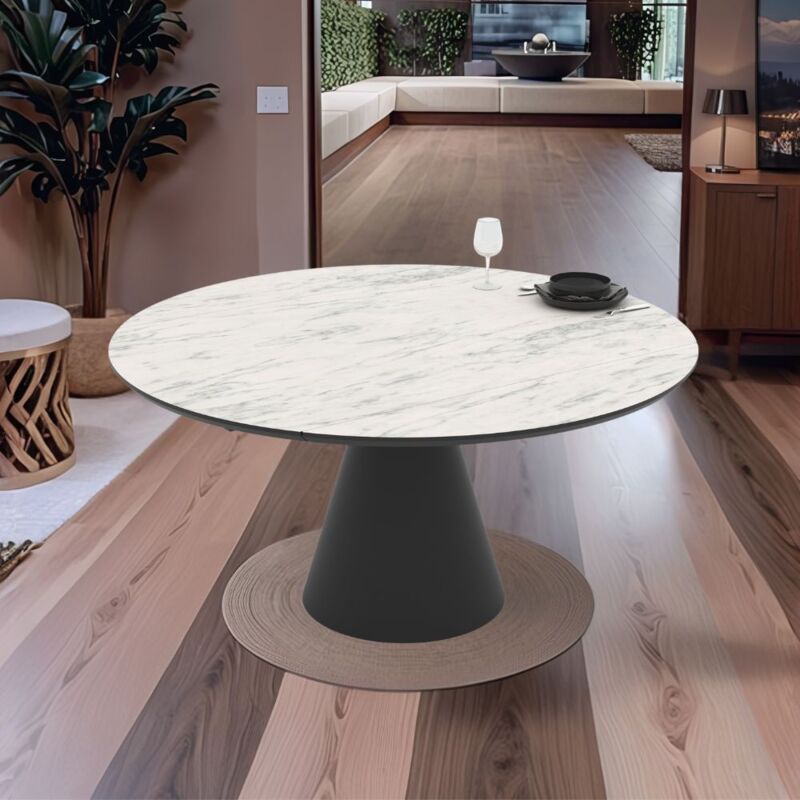 foto del prodotto tavolo girevole allungabile con piano effetto marmo bianco opaco e base in metallo nero 150x94x76h cm yucap
