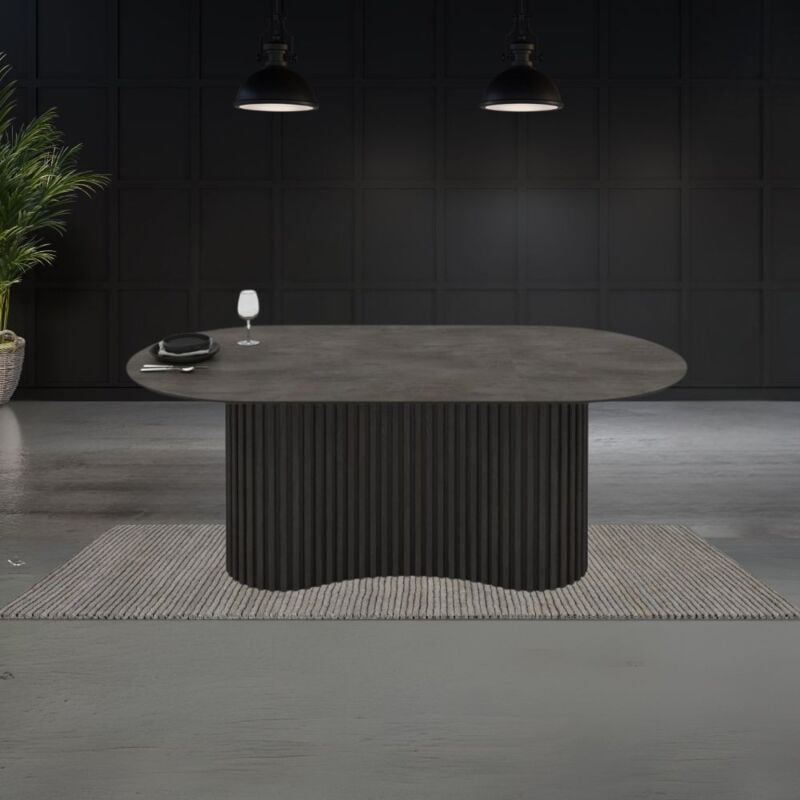 foto del prodotto tavolo ovale fisso con piano effetto marmo ardesia opaco e base in legno cannettata 200x100 cm darren