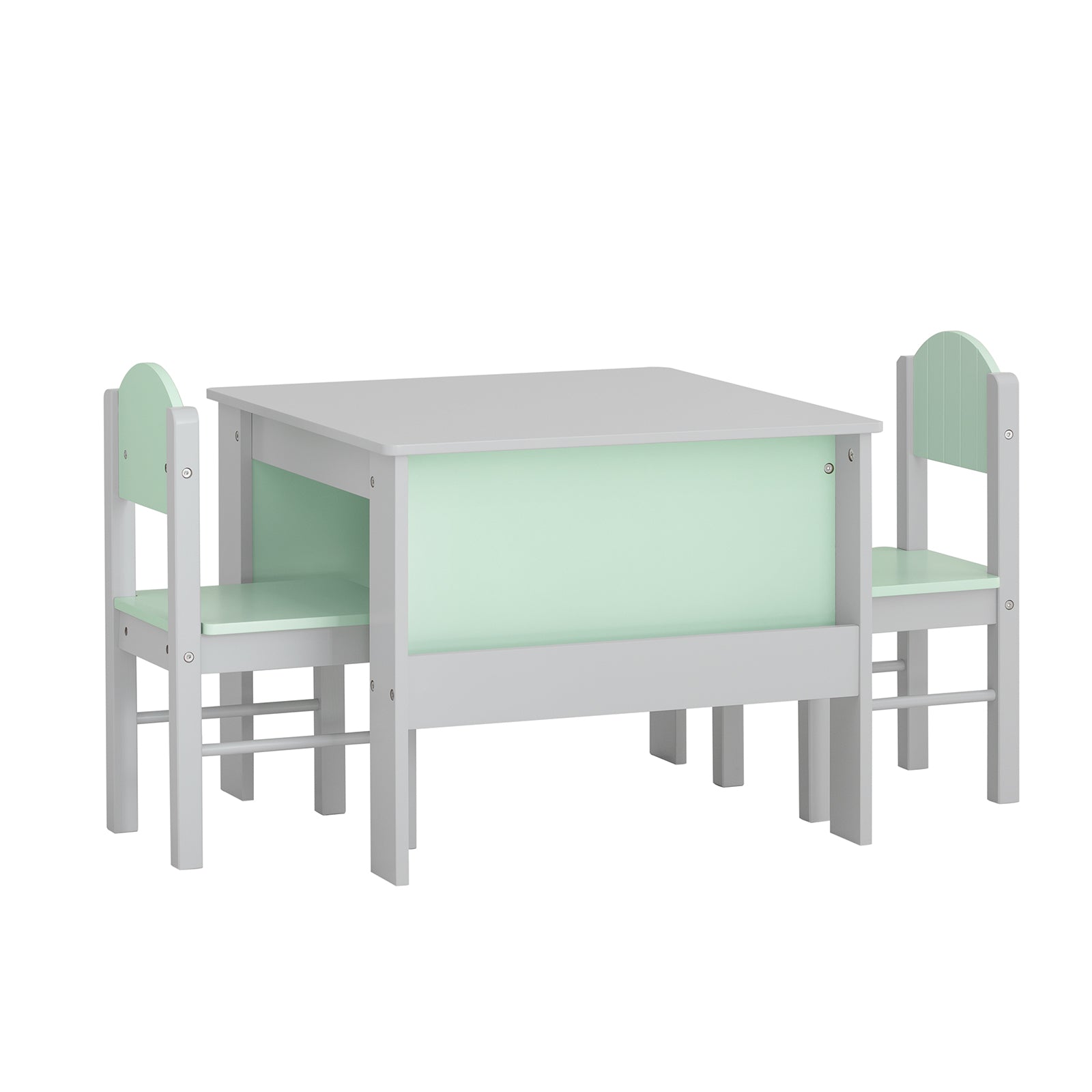 foto del prodotto tavolo per bambini con 2 sedie, set tavolo e 2 sedie per bambini, scrivania per bambini con 2 ripiani laterali per libri grigio chiaro e verde, kmb88 hg sobuy