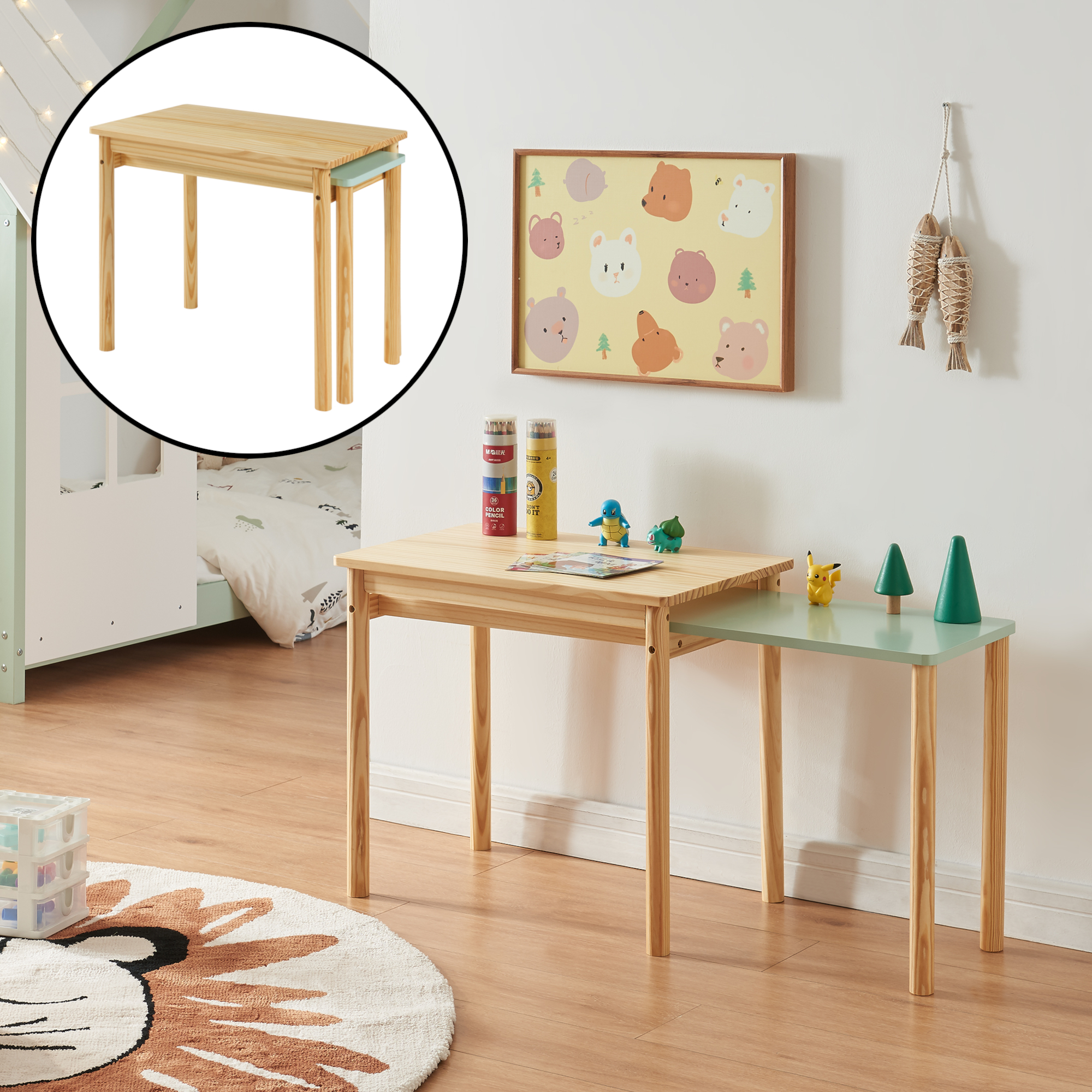 foto del prodotto tavolo per bambini skellefte con piano estraibile legno naturale menta verde en.casa 