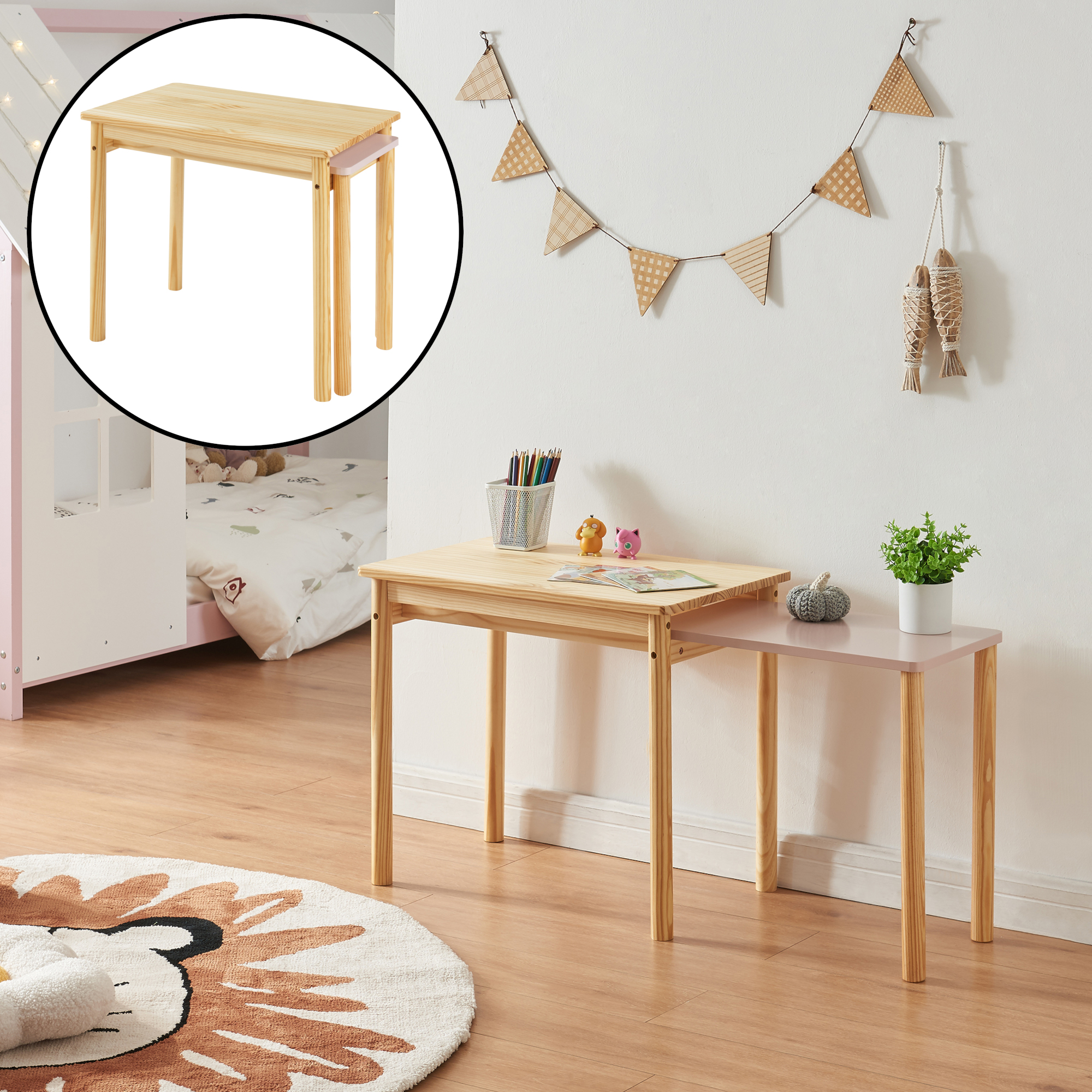 foto del prodotto tavolo per bambini skellefte con piano estraibile legno naturale rosa en.casa 