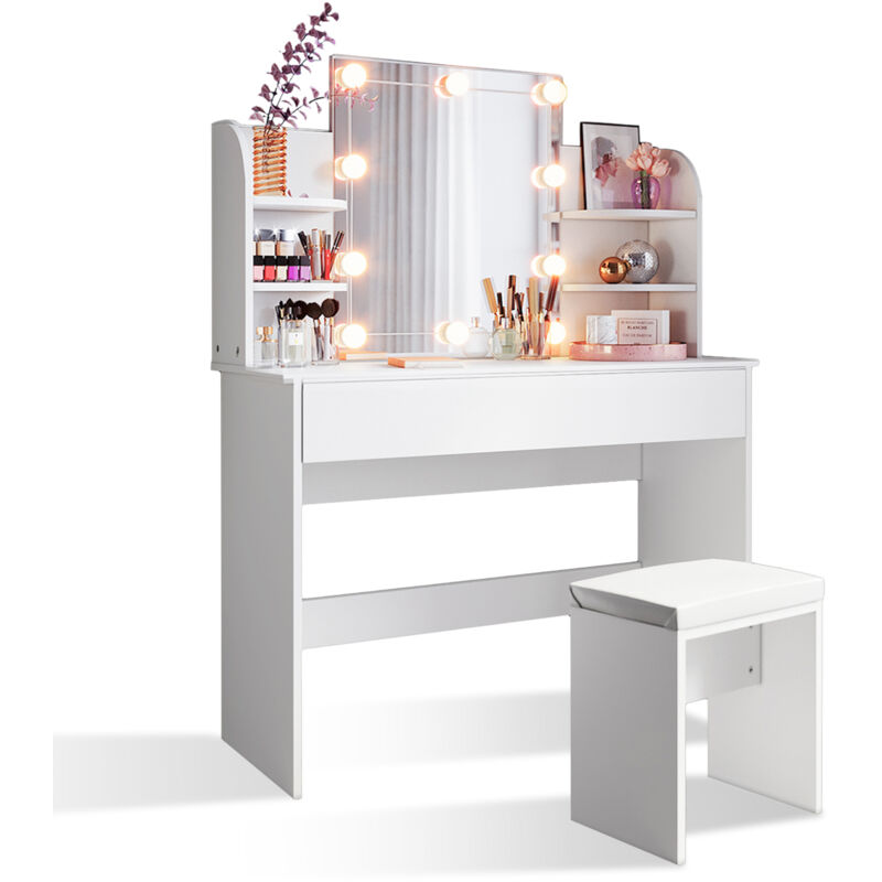 foto del prodotto tavolo per cosmetici 108x40x140cm, vanity toeletta con morbido sgaballo, con luce per il trucco, moderno mobile da trucco bianca sirhona