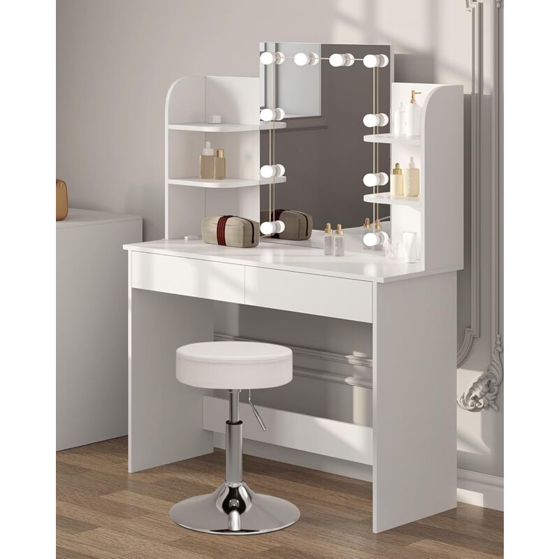 foto del prodotto tavolo per cosmetici 108x40x142cm, vanity toeletta con 2 cassetti e 4 ripiani, con luce per il trucco, moderno mobile da trucco,bianco woltu