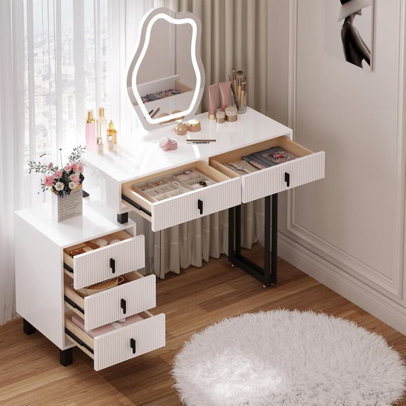foto del prodotto tavolo per cosmetici, vanity toeletta con luce per il trucco, moderno mobile da trucco bianco e nero woltu