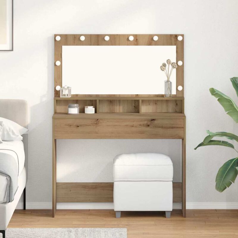 foto del prodotto tavolo per trucco con luci led in rovere artigianale, 100x41x135 cm vidaxl