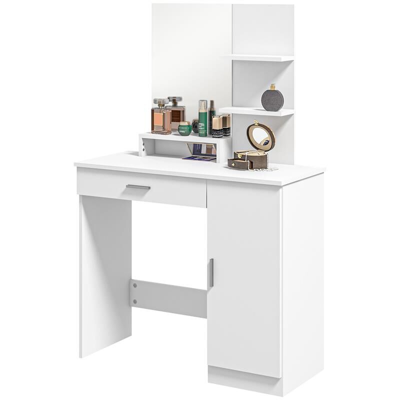 foto del prodotto tavolo per trucco in truciolato con mobiletto. cassetto. ripiani aperti e specchio. 90x38x138 cm. bianco