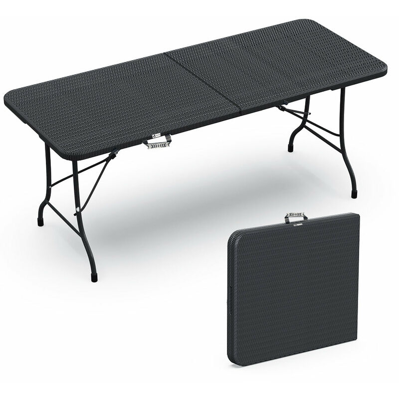 foto del prodotto tavolo pieghevole multifunzione da giardino 180x75cm effetto rattan, hdpe, nero vounot