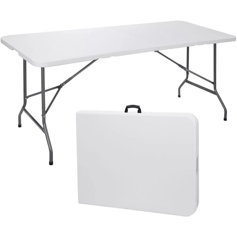foto del prodotto tavolo pieghevole rettangolare, tavolo da giardino portatile e robusto, tavolo da picnic con maniglia, per interni ed esterni, 180x74x74 cm, bianco