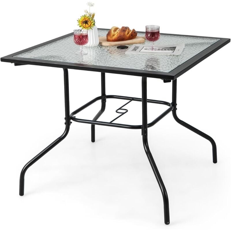 foto del prodotto tavolo pranzo da esterno 89 cm in metallo, tavolo da girdino 4 posti con foro per ombrellone 38 mm, con piano in vetro, per giardino terrazzo balcone
