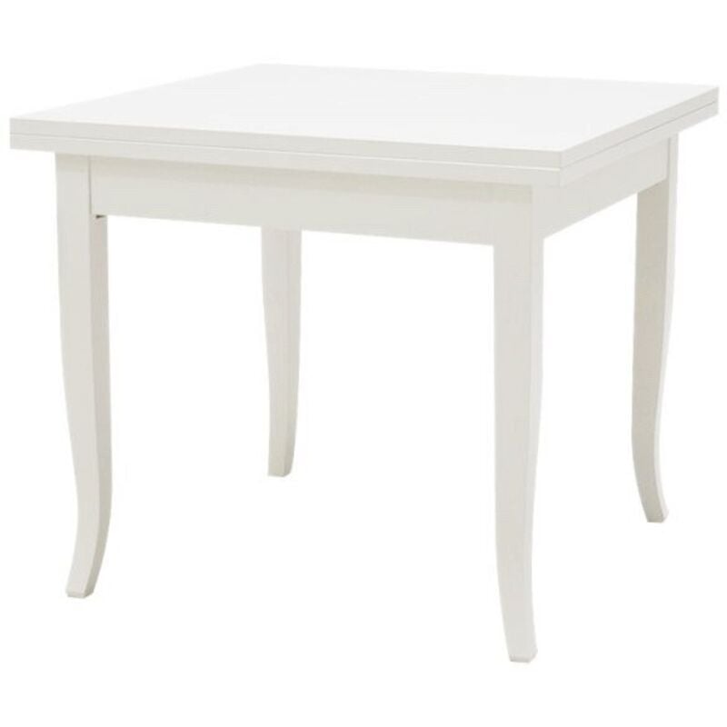 foto del prodotto tavolo quadrato allungabile a libro piedi a sciabola colori legno bianco opaco dimensione tavoli 80 x 80 dimensione aperto 160 x 80 bianco