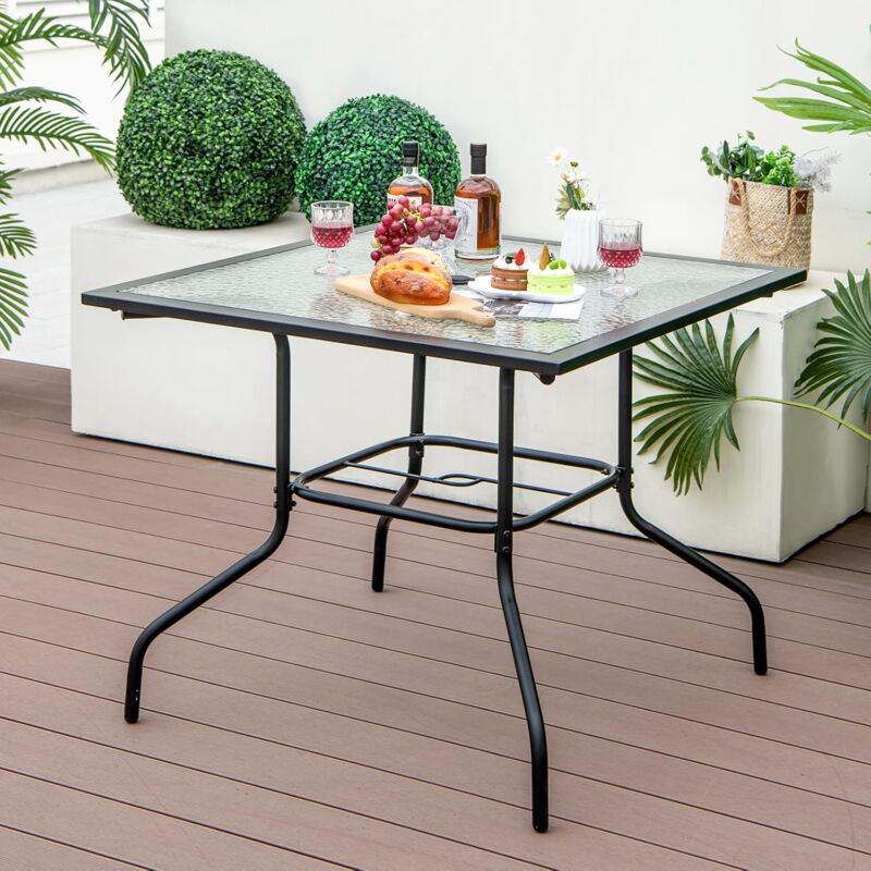 foto del prodotto tavolo quadrato da patio con struttura in metallo e piano in vetro temperato, tavolo da pranzo con foro per ombrello 38 mm per soggiorno, giardino,