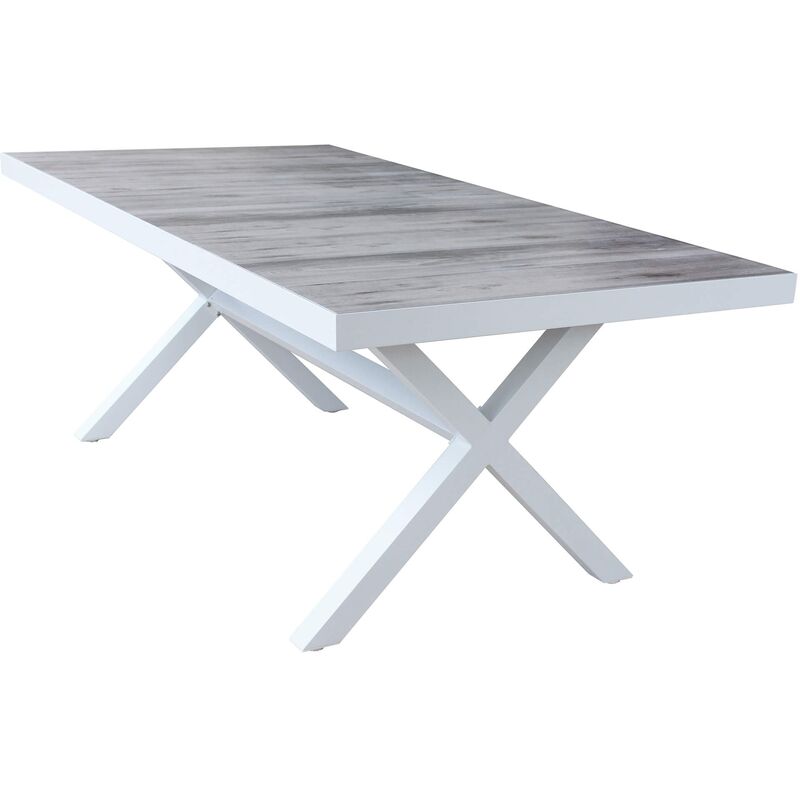 foto del prodotto tavolo rettangolare da esterno con struttura in alluminio e piano in ceramica effetto legno lagon white