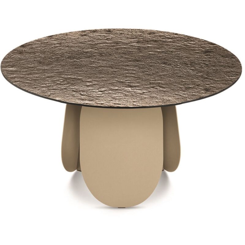 foto del prodotto tavolo rotondo con base in metallo beige e piano in vetro bronzo maya120