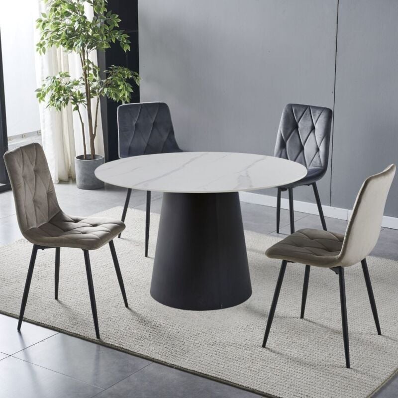 foto del prodotto tavolo rotondo piano ceramica effetto marmo bianco e base metallo nera lauren 120x120x76h