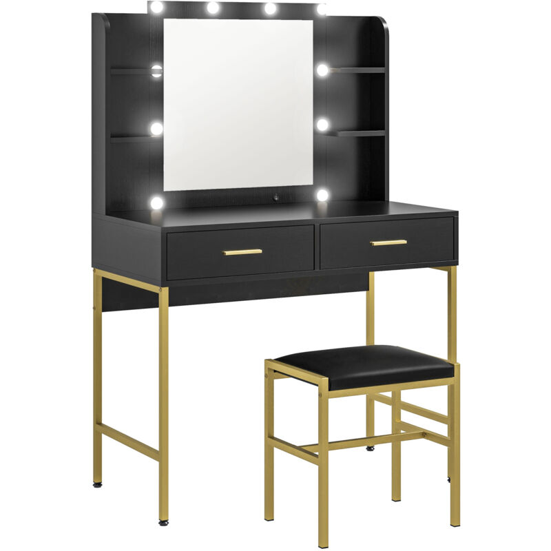 foto del prodotto tavolo toeletta a 2 cassetti e 6 ripiani con accessori e sgabello nero homcom