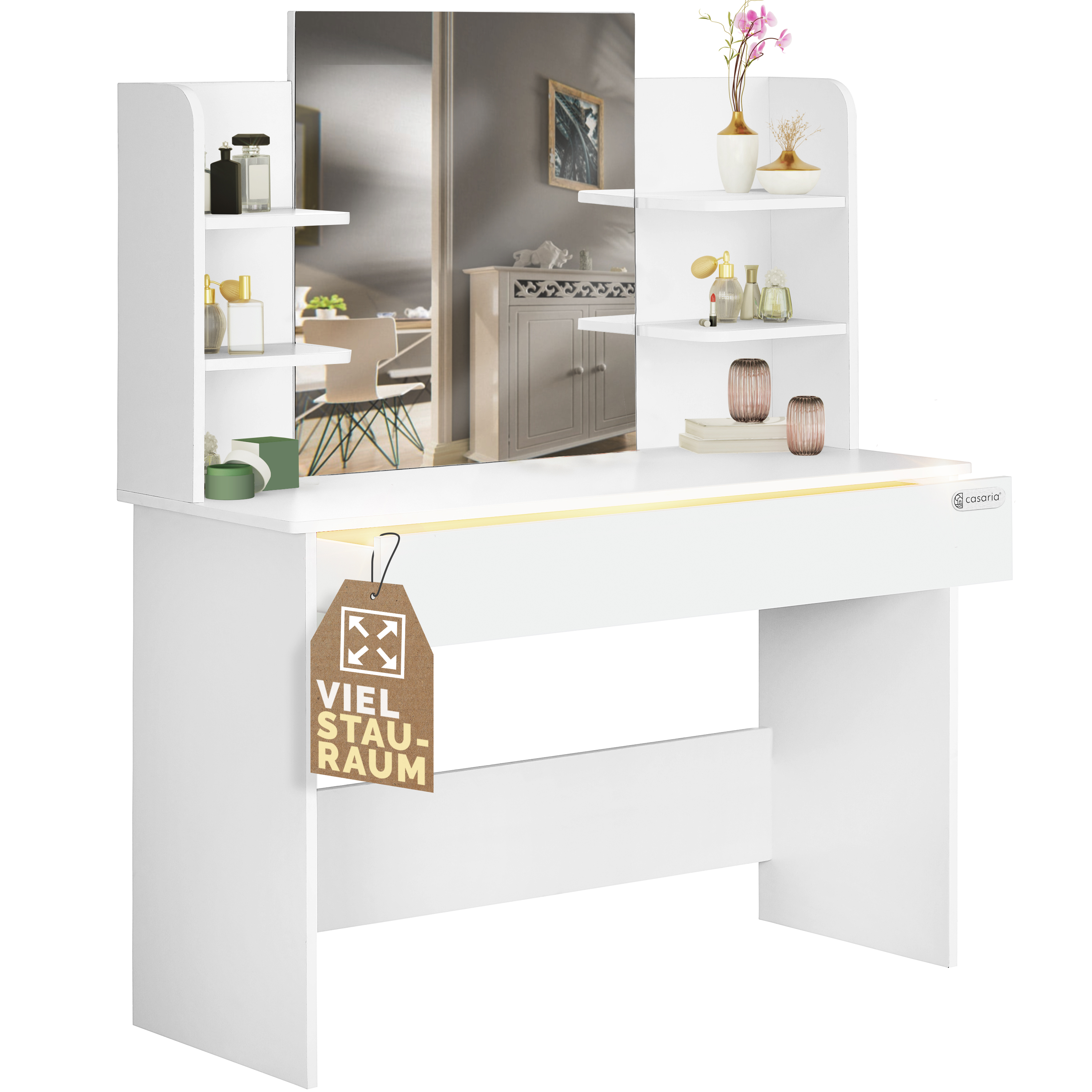 foto del prodotto tavolo trucco lucia con illuminazione led 140x40 specchio make up toeletta in legno bianco 108x40x140cm wei de casaria