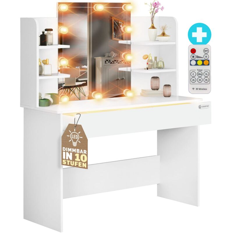 foto del prodotto tavolo trucco lucia con illuminazione led 140x40 specchio make up toeletta in legno bianco 108x40x140cm wei mit led de casaria