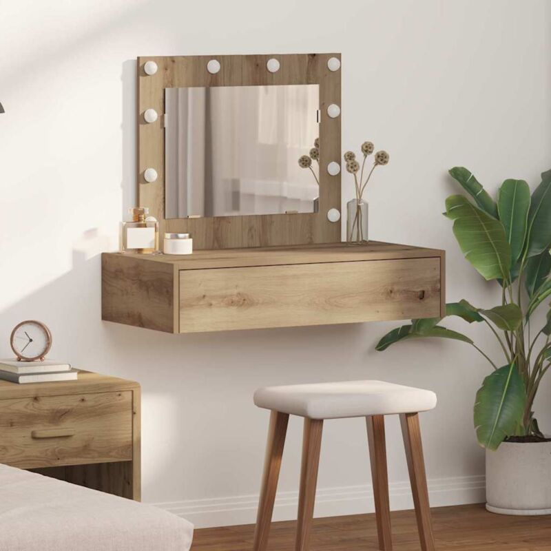 foto del prodotto tavolo trucco montato a parete con luci led in rovere artigianale vidaxl