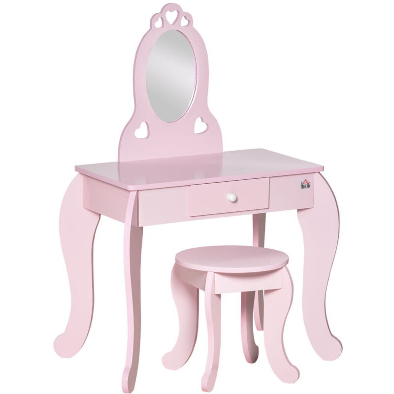 foto del prodotto tavolo trucco per bambini con sgabello specchio e cassetto 60x36x88cm