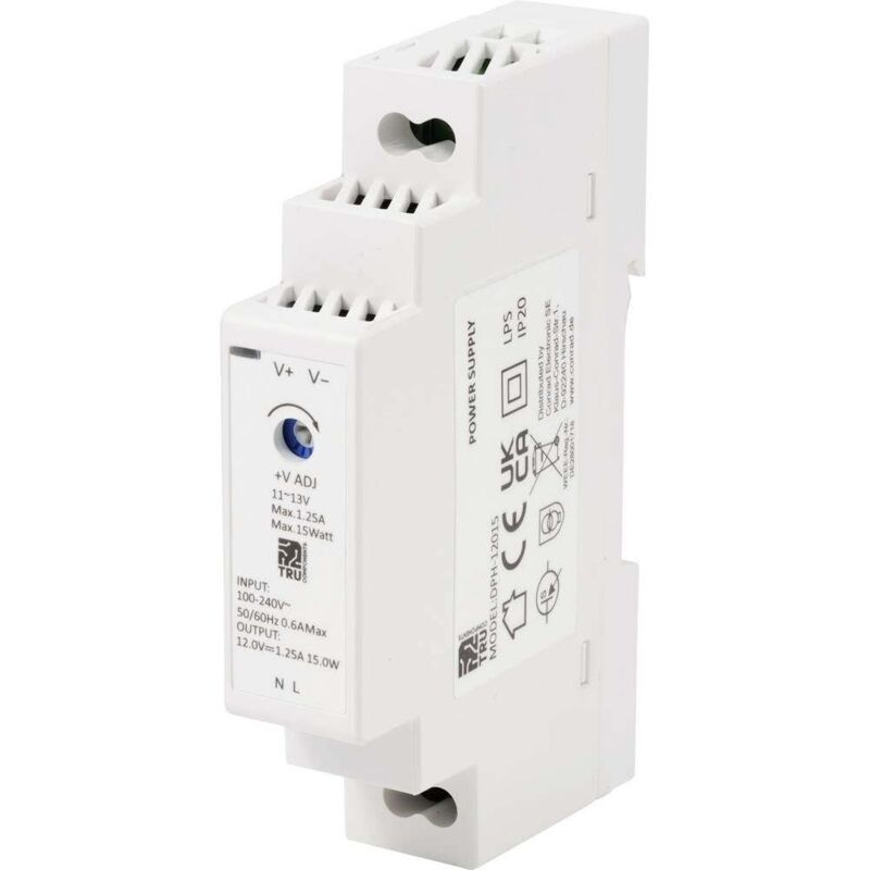 foto del prodotto tc-10580800 alimentatore per guida din 12 v dc 1.25 a 15 w num. uscite 1 x contenuto 1 pz. - tru components