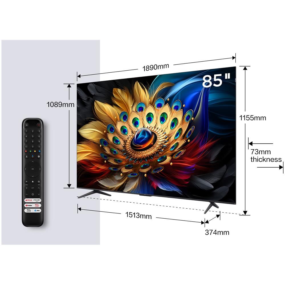 foto del prodotto tcl c69 serie c6 smart tv qled 4k 85 85c69b, audio onkyo con subwoofer, dolby vision atmos, google tv