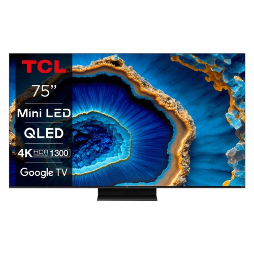 foto del prodotto tcl c80 serie smart tv mini led 4k 75 75c805, 144hz, audio onkyo, dolby vision iq, google tv