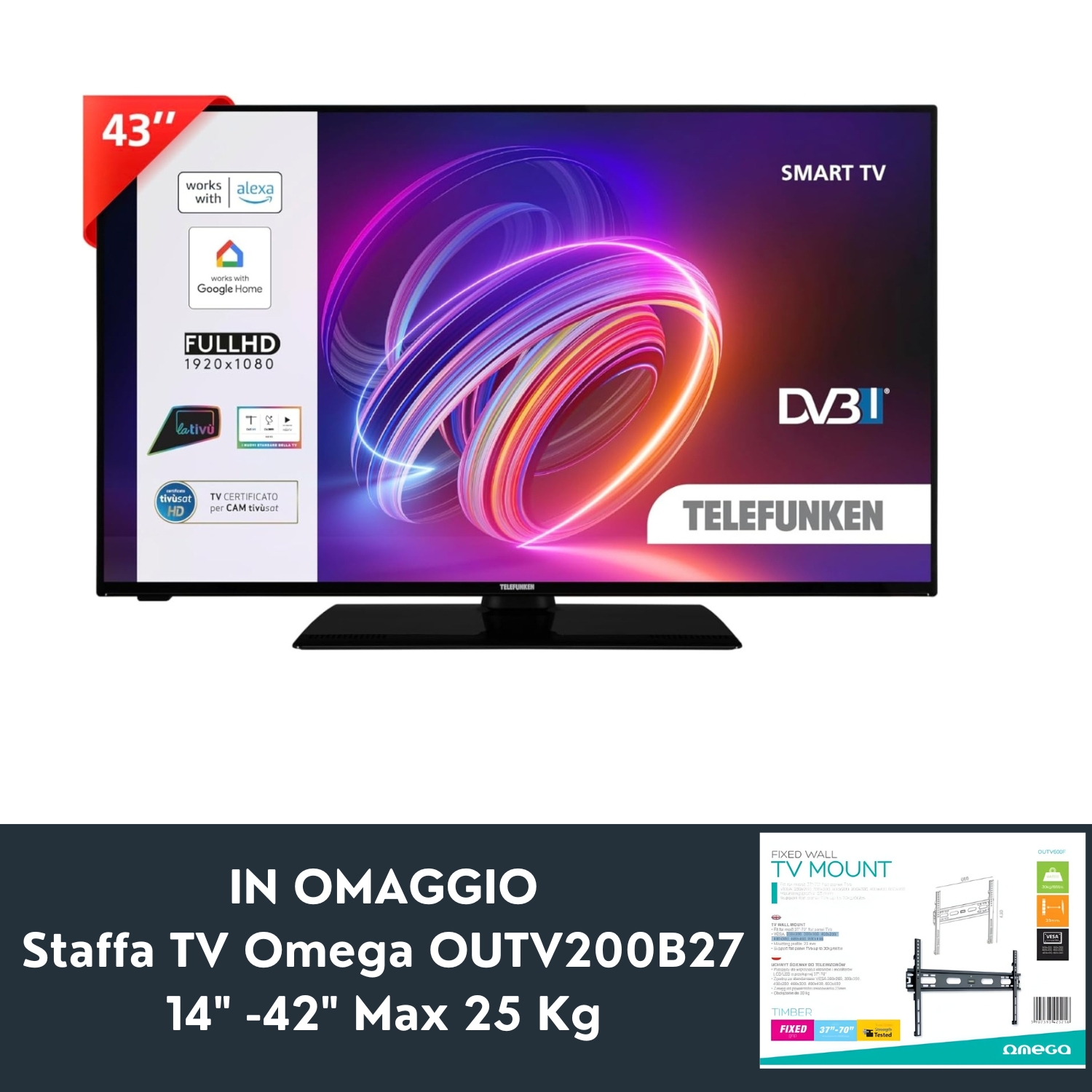 foto del prodotto te43551b42 smart 43 full hd dvb t2 omega staffa tv outv600f telefunken