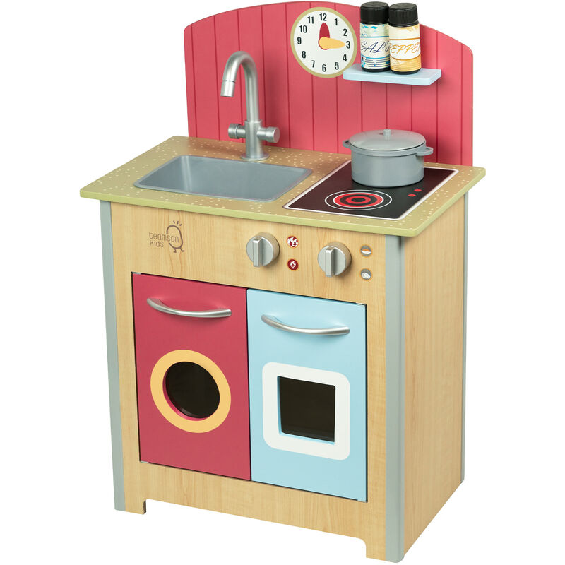 foto del prodotto teamson kids little chef porto classico set da gioco da cucina in legno con funzioni interattive e 4 finti accessori da cucina rosso naturale