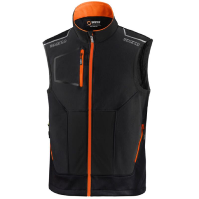 foto del prodotto tech light vest illinois gilet tecnico tg. xl nero arancio fluo con inserti di rinforzo e strisce alta visibilita cerniera centrale impermeabile