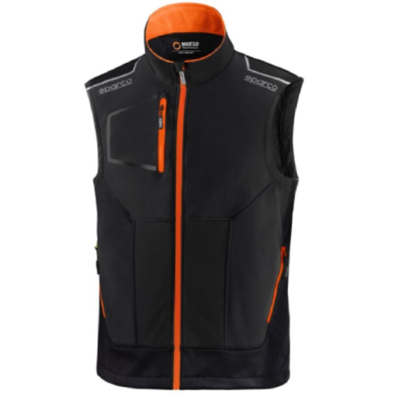 foto del prodotto tech light vest illinois gilet tecnico tg. xxl nero arancio fluo con inserti di rinforzo e strisce alta visibilita cerniera centrale impermeabile