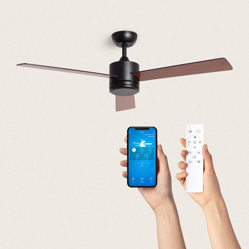 foto del prodotto techbrey ventilatore da soffitto silenzioso fleves 132cm motore dc, colore lama legno scuro, telecomando, senza luce, wifi true